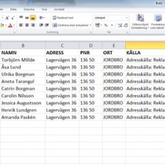 Excel ark med namn adress etc
